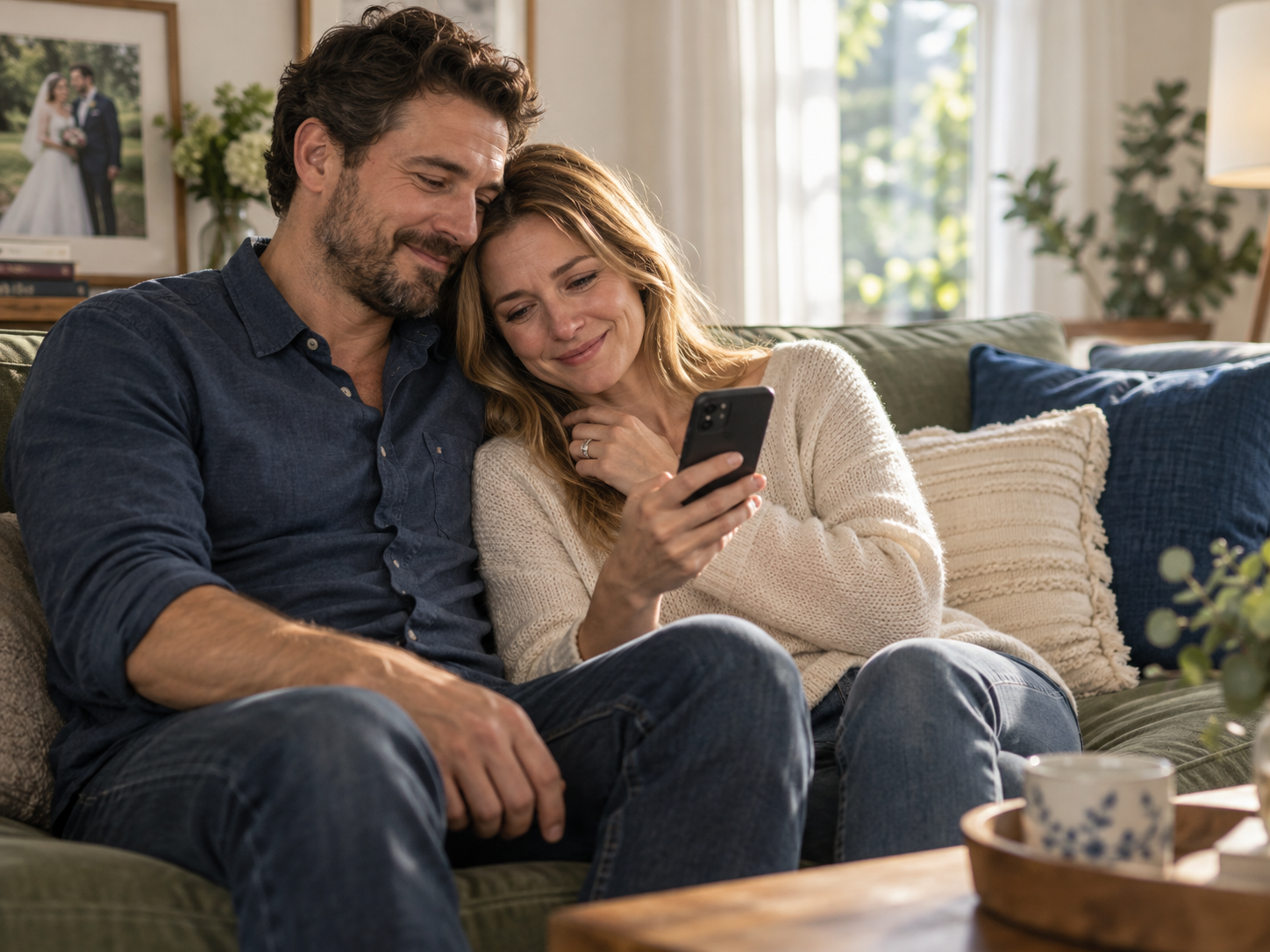 A married couple sitting together and listening to a message on a phone