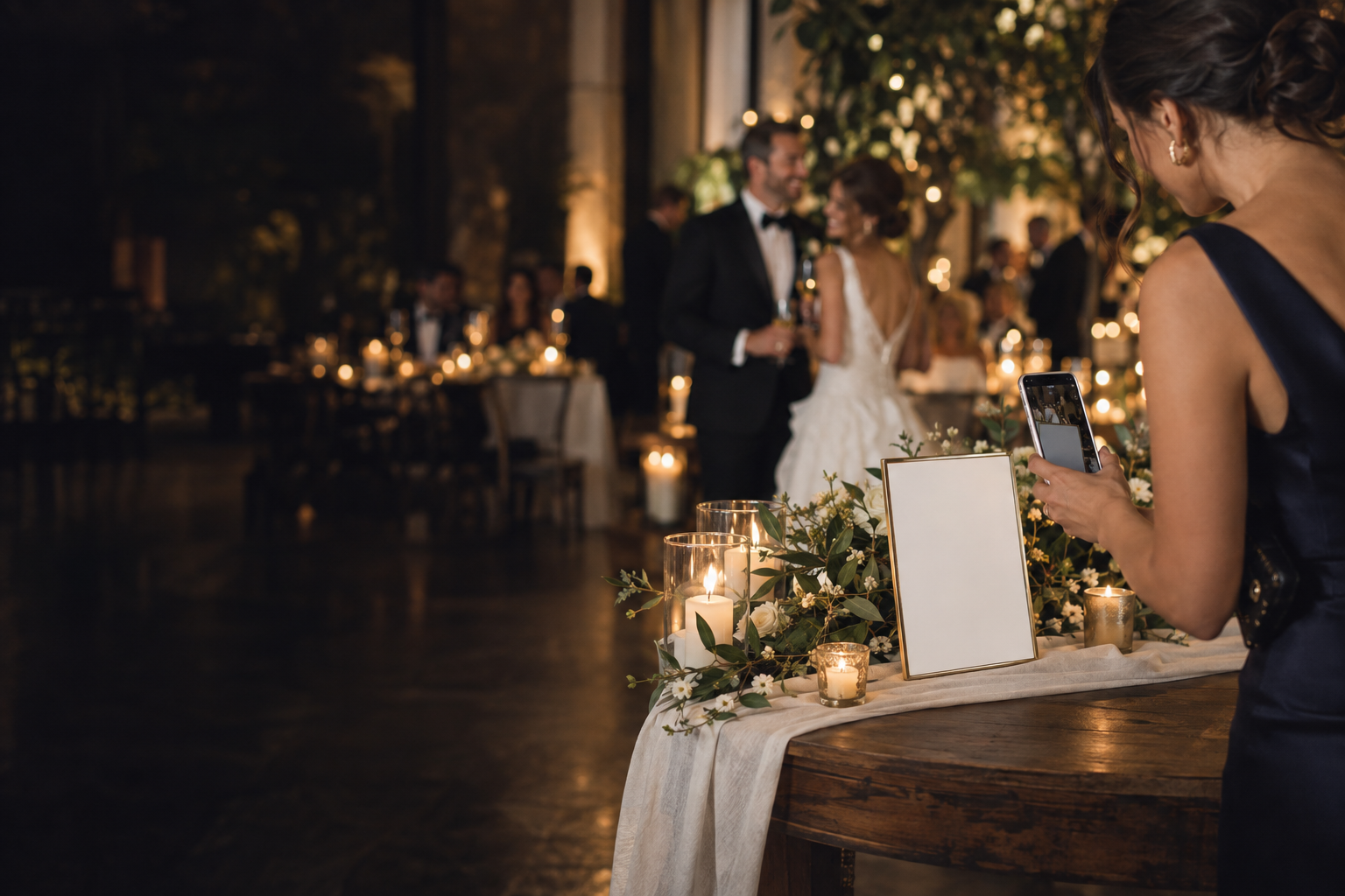A wedding guest holding a phone beside a framed table sign while a couple celebrates in the background